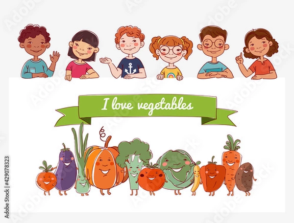 Obraz Group of friendly kids with fresh vegetables: cabbage, potato, tomato, carrot, eggplant, pumpkin, pepper, broccoli, beet, onion and pea in cartoon style