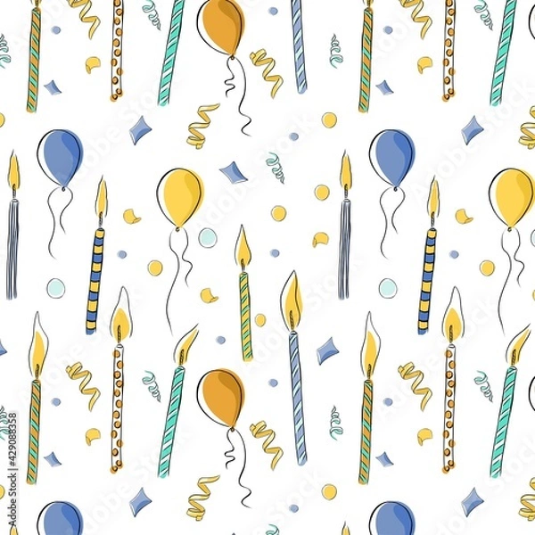 Obraz Seamless pattern with festive candles and balloons. Hand drawn. Candles for a birthday cake.