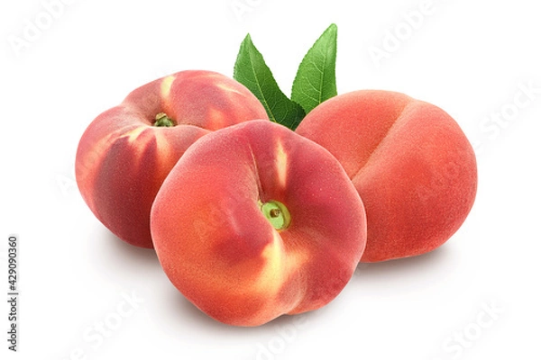 Fototapeta Ripe chinese flat peach fruit with leaf isolated on white background with clipping path and full depth of field