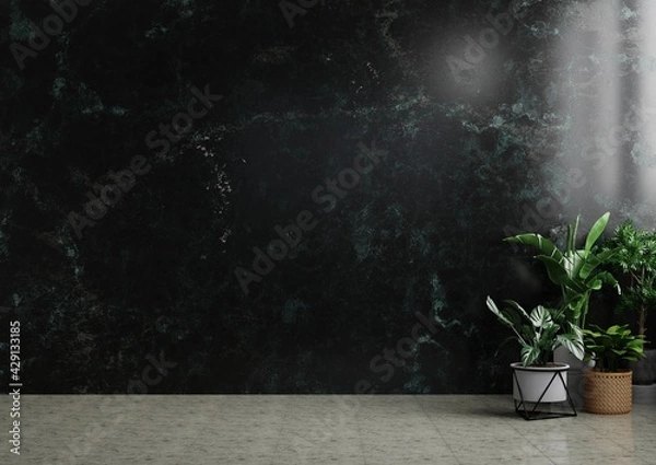 Obraz Empty room with dark marble walls decorated with trees on a tiled floor.3d rendering.