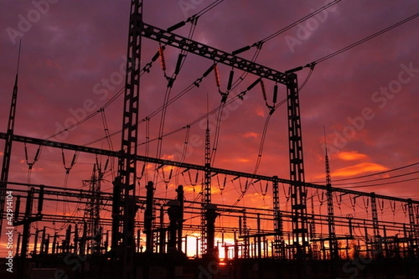 Obraz Electrical substation on the sunset background