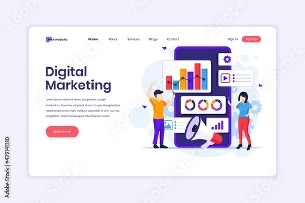 Fototapeta Landing page design concept of Digital Marketing, People with graphic charts and giant smartphone. vector illustration