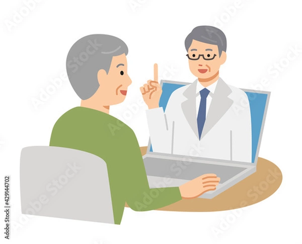 Fototapeta パソコンでオンライン診療を受ける笑顔のシニア男性