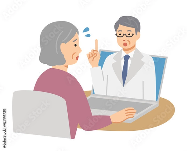 Fototapeta パソコンでオンライン診療を受ける困り顔のシニア女性