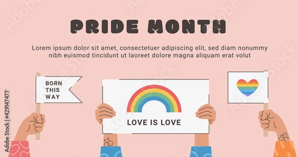 Fototapeta Vector Banner with pink background. People hold flags and banners with lgbt rainbow, signs and other symbols during pride month celebration. Gay parade. Human rights, love is love. Flat Illustration.