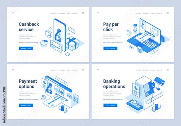 Fototapeta Set of blue and white vector illustrations of web banners representing various convenient online operations with money in modern world. 3D isometric web banners, landing page templates