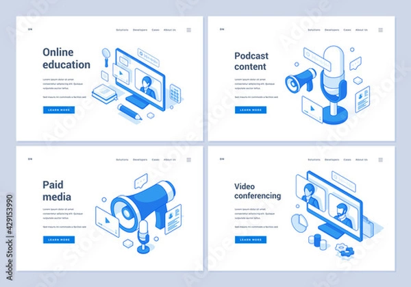 Fototapeta Set of blue and white vector illustrations of web banners advertising assorted paid media and contemporary services in global Internet. 3D isometric web banners, landing page templates