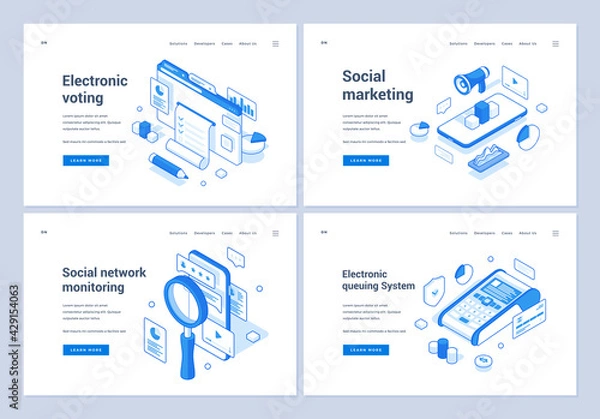 Fototapeta Set of blue and white vector illustrations of banners advertising various online electronic services for convenient life in modern world. 3D isometric web banners, landing page templates