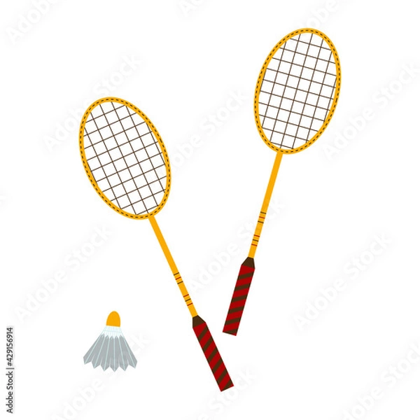 Obraz Badminton rackets and shuttlecock. Outdoor sports games. Flat style Vector Illustration.
