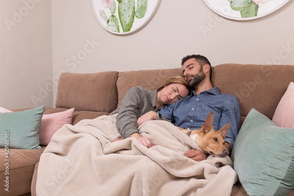Obraz couple and their dog asleep, the man, the woman and the dog have fallen asleep sitting on a brown sofa and covered with a blanket