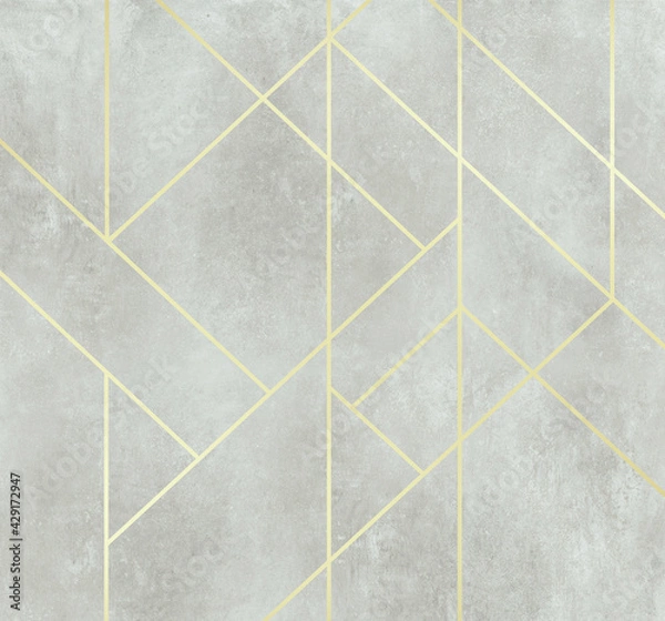 Fototapeta Golden lines on dirty beige plaster texture, Abstract decoration, golden pattern. Picture for wallpaper or background. Black, white, blue, gold waves Cover template, geometric shapes, modern minimal