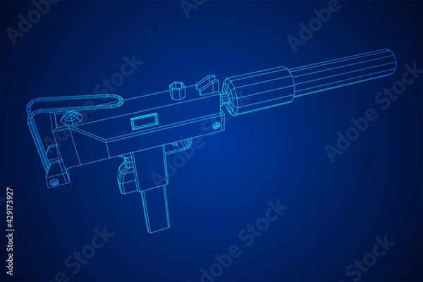 Fototapeta Submachine gun modern firearms pistol with silencer. Wireframe low poly mesh vector illustration.