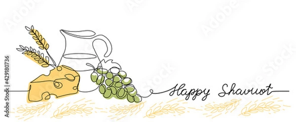 Obraz happy Shavuot vector web banner background. One continuous line drawing illustration with lettering happy Shavuot