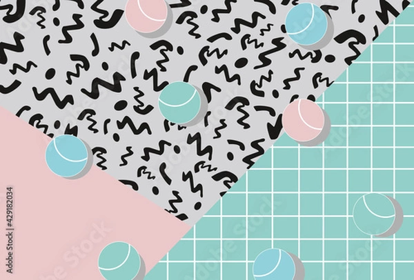 Fototapeta Memphis style geometric pattern, line elements and geometric figures. Design backgrounds for invitation, brochure. Ilustration in soft pink, blue, grey colors.