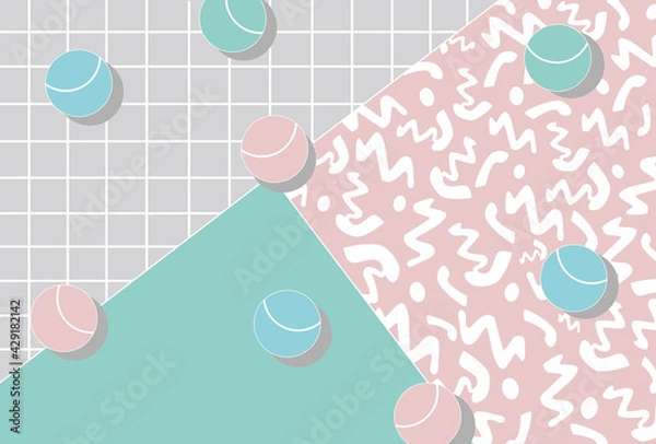 Fototapeta Memphis style geometric pattern, line elements and geometric figures. Design backgrounds for invitation, brochure. Ilustration in soft pink, blue, grey colors.