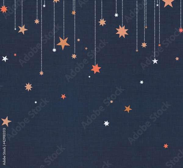 Fototapeta Random falling stars Christmas background. Subtle flying snow flakes and stars on dark blue night background. Alluring winter silver snowflake overlay template.