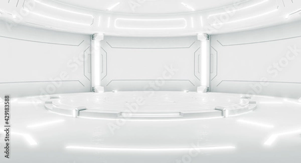 Obraz Futuristic interior with empty stage. Modern Future background. Technology Sci-fi hi tech concept. 3d rendering