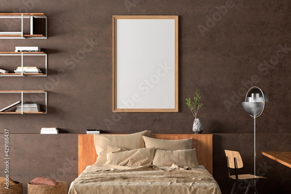 Fototapeta Vertical blank poster frame mock up on the brown  concrete wall in interior of industrial bedroom.