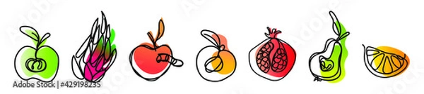 Fototapeta Vector set of fruits apple, dragon fruit, peach, garnet, pear, orange slice in one line endless style. Collection with color abstract  spot background. Can be applied as a sticker, icon, logo.