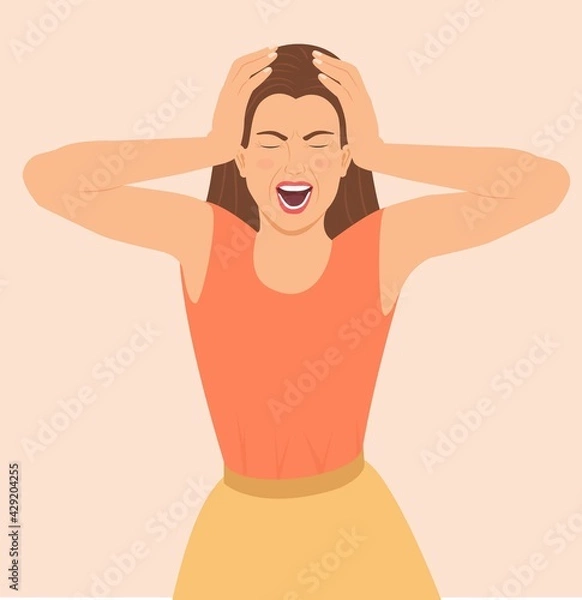 Obraz Young woman screaming and keeps hands on head. Face expression with negative emotions. Insane or annoyed woman shouting angrily with open mouth and closed eyes in despair. isolated Vector illustration