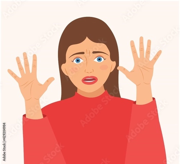 Obraz Portrait of scared, panicked woman with horror face and two hand gestures, isolated on background. Cartoon character girl frightening, terrified, panic, shocked facial expression vector illustration