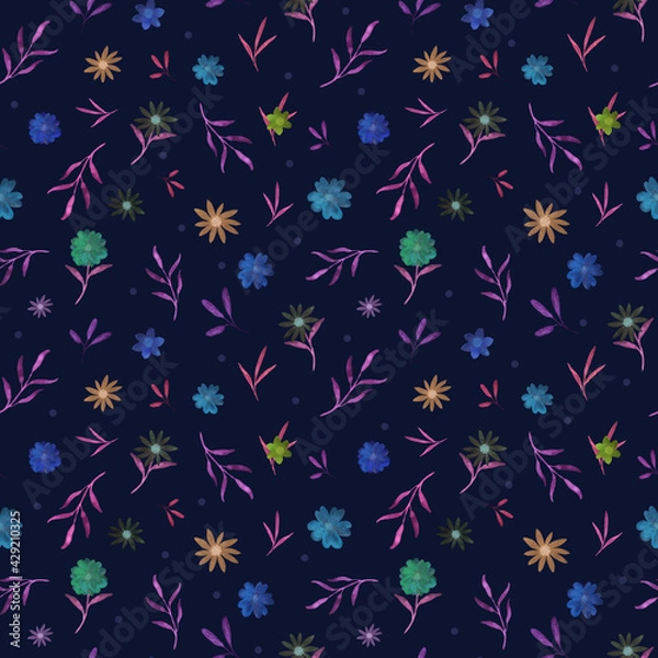 Fototapeta Seamless colorful neon watercolor floral patterns on dark blue background. Hand-drawn flowers, twigs with leaves. Old fashioned print for fabrics, textiles, wrapping paper, home decor, scrapbooking
