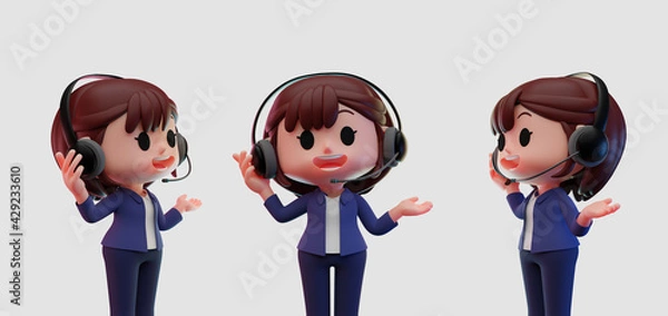 Fototapeta 3d rendering illustration of a set of cute operator, call center characters wearing head set isolated on white background