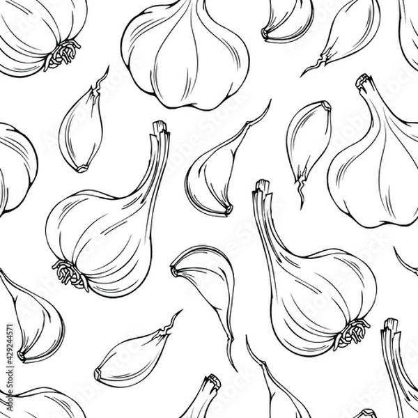 Fototapeta Vector line art seamless pattern. Fresh garlic. Bulbs and pieces . Black on white design for textile, wrapping paper, illustration, background about health care, immunity, vitamins in vegetables.