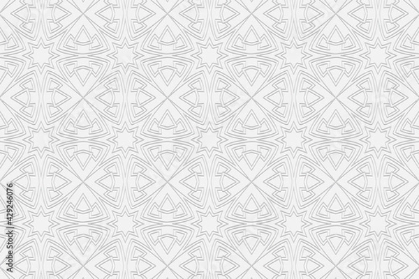Obraz Volumetric convex white background. 3d ethnic geometric ornament. Embossed curly pattern with stylized stars and polygons.Vector graphics for design.