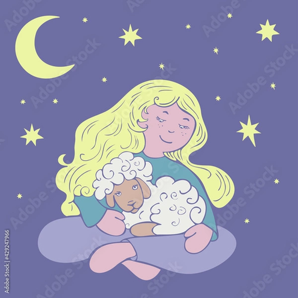 Fototapeta Vector illustration with sitting girl and lamb with moon and stars on background. Design for sleepwear or textile.