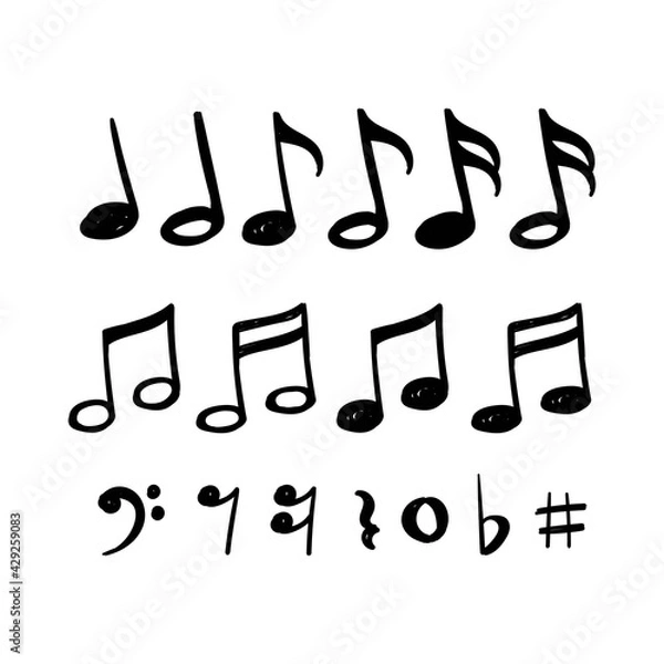 Fototapeta Music notes hand drawn vector design isolated on white background. Set of music notes icon design in doodle style