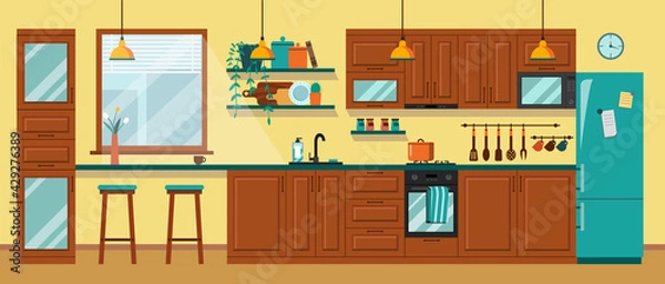 Obraz Kitchen interior design with furniture. brown cooking room with table, cupboard, stove and microwave vector illustration in flat style.Culinary decorations.Household objects and cooking utensils.