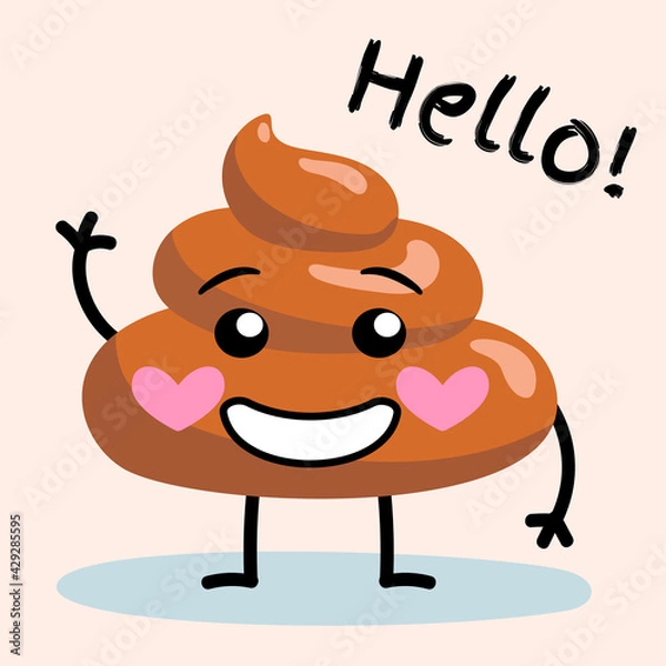 Fototapeta Shit or turd emoji vector character with happy wide smile on a face waving Hello, isolated illustration in flat cartoon and kawaii style