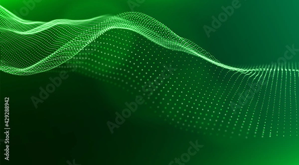 Fototapeta Abstract green particle background. Flow wave with dot landscape. Digital data structure. Future mesh or sound grid. Pattern point visualization. Technology vector illustration.
