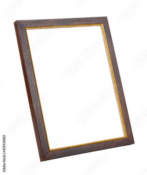 Obraz Vertical standing empty dark brown wooden photo frame with golden border isolated on white background