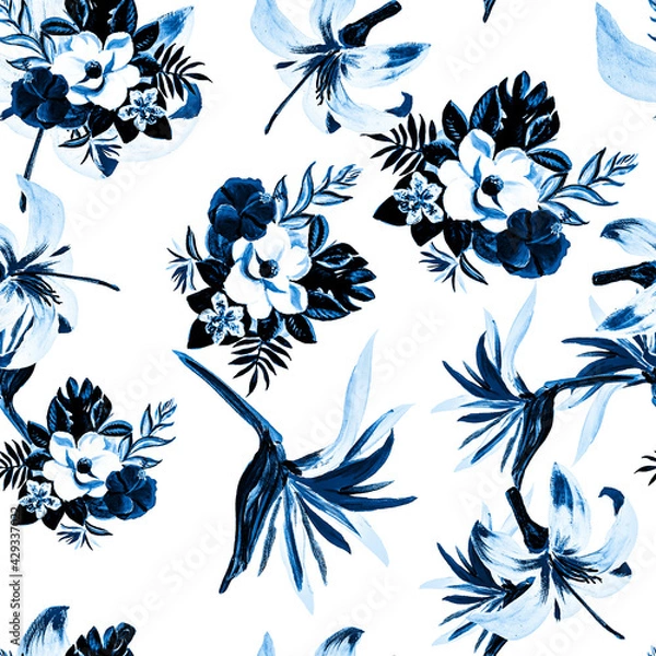 Obraz Navy Seamless Leaf. Indigo Pattern Foliage. Gray Tropical Leaves. Azure Flower Art. Cobalt Watercolor Leaves. Decoration Botanical. Blue Summer Palm.