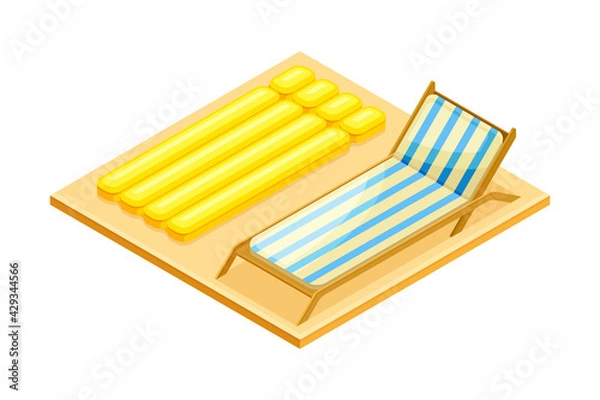 Fototapeta Square Area with Plank Bed and Rubber Raft as Beach Vacation Isometric Vector Illustration