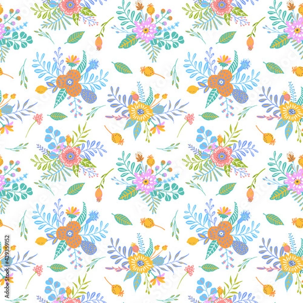 Fototapeta cute floral seamless pattern, endless repeatable plants texture in soft pastel colors, vector illustration background