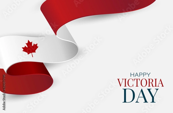 Fototapeta Victoria Day Canada Holiday banner background. Waving ribon, national white and red flag with maple leaf style. Vector illustration with lettering.