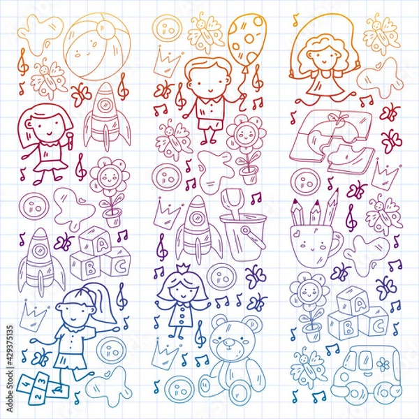 Fototapeta Kindergarten pattern with little children and toys. Creativity and imagination.