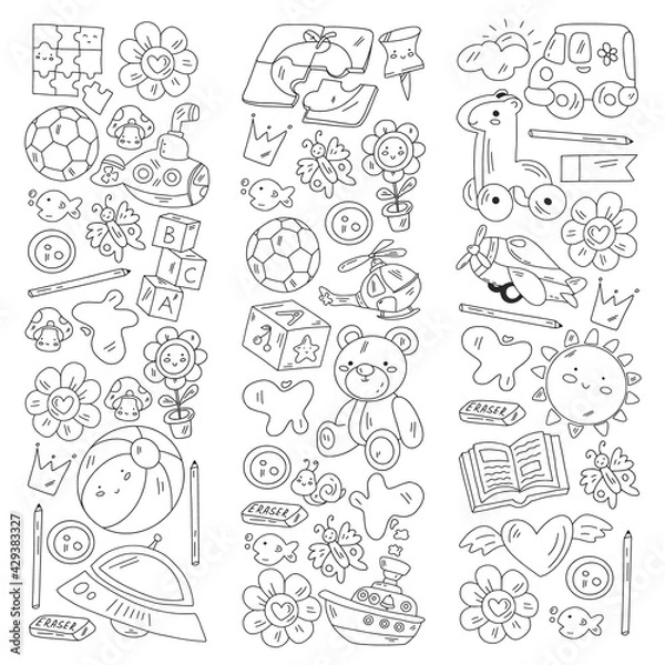 Fototapeta Vector pattern with boys and girls. Kindergarten and toys. Happy childhood and creativity with imagitanion.
