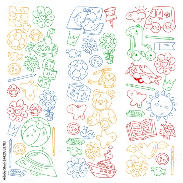 Fototapeta Vector pattern with boys and girls. Kindergarten and toys. Happy childhood and creativity with imagitanion.