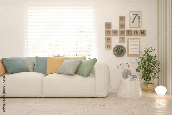 Fototapeta White living room with sofa. Scandinavian interior design. 3D illustration