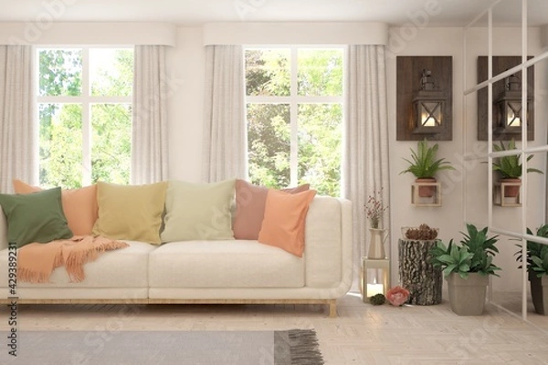 Obraz White living room with sofa and summer landscape in window. Scandinavian interior design. 3D illustration
