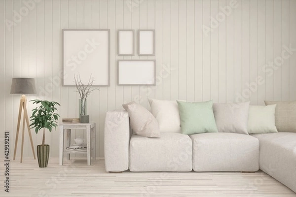 Fototapeta Soft color living room with sofa. Scandinavian interior design. 3D illustration