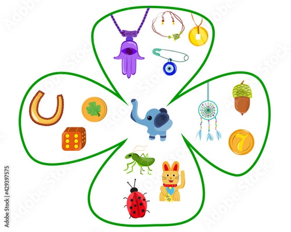 Fototapeta Good fortune symbols set. Collection of good luck symbols. Elements in clover. Isolated vector items in cartoon style. Success symbols. Simple design.