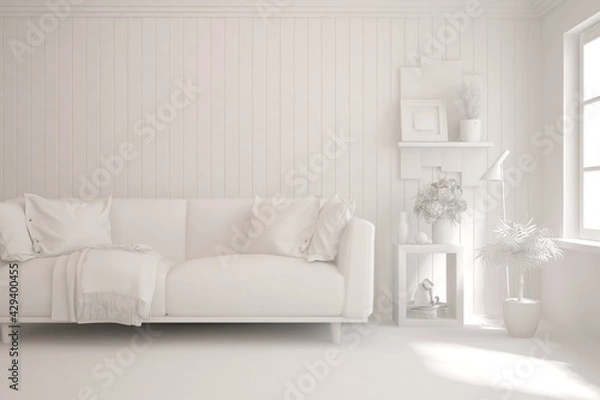 Fototapeta Mock up of minimalist living room in white color with sofa. Scandinavian interior design. 3D illustration