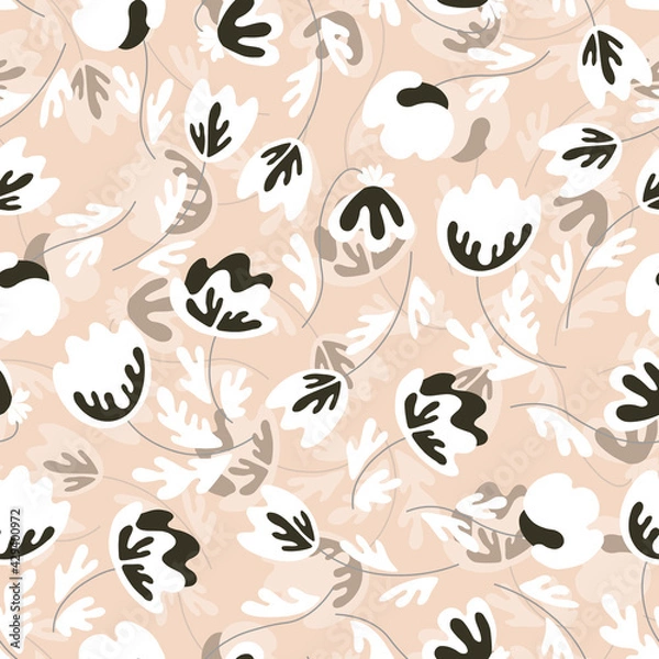 Fototapeta Seamless floral pattern based on traditional folk art ornaments. Modern flowers on color background. Scandinavian style. Sweden nordic style. Vector illustration. Simple minimalistic pattern
