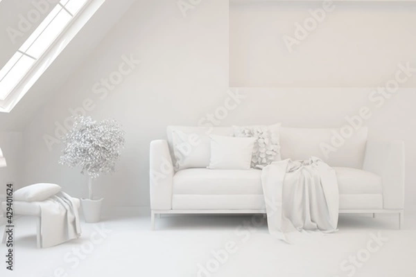 Fototapeta White minimalist living room with sofa. Scandinavian interior design. 3D illustration