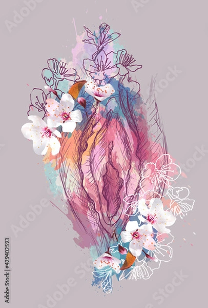 Fototapeta Vulva image in the shape of a flower. Yoni illustration of female energy concept.
